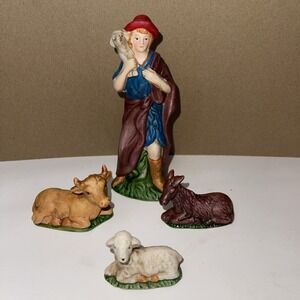 Vintage Christmas Nativity Cow Donkey Sheep & Shepherd Porcelain Figurines Lot